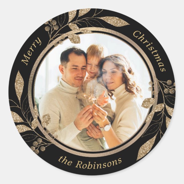 Gold Foliage Family Photo Black Christmas  Classic Round Sticker (Front)