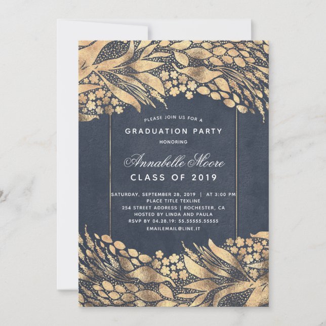 Gold Foliage Navy Blue Modern Graduation Party Invitation (Front)