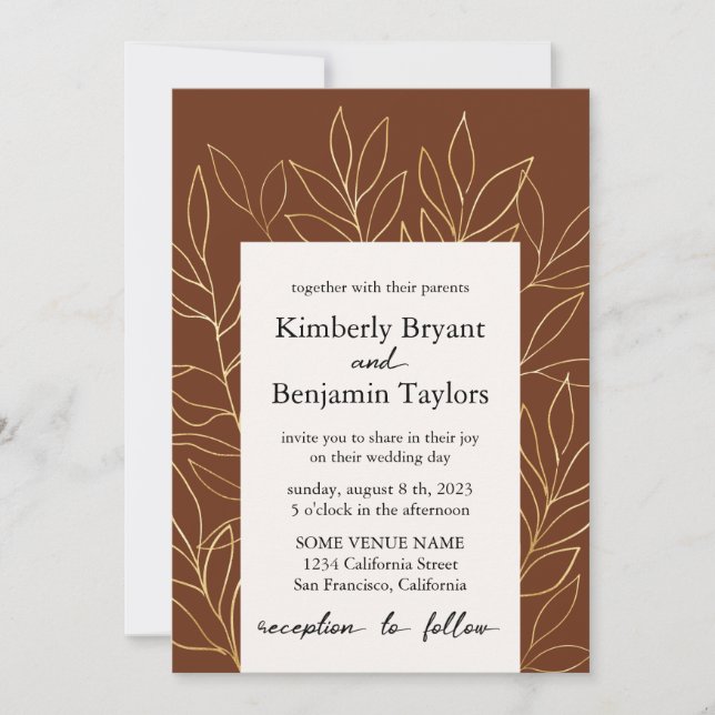 Gold Foliage. Rust brown modern Luxury Wedding Invitation (Front)