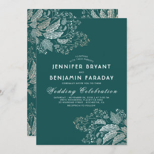Gold Foliage Teal Green Elegant Modern Wedding Invitation