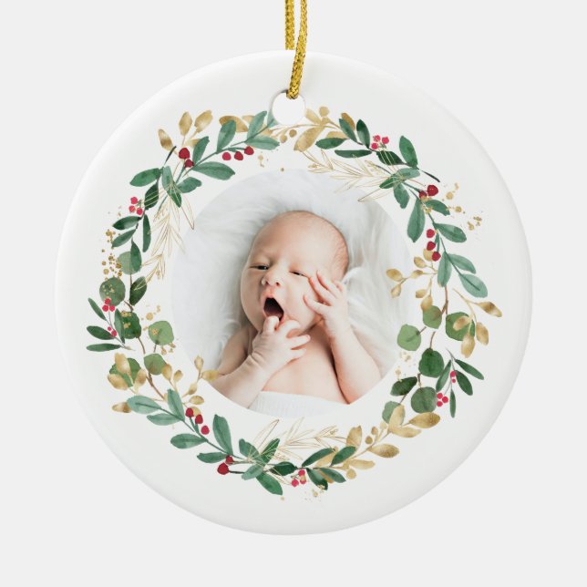 Gold Foliage Wreath | Baby First Christmas Modern Ceramic Tree Decoration (Front)
