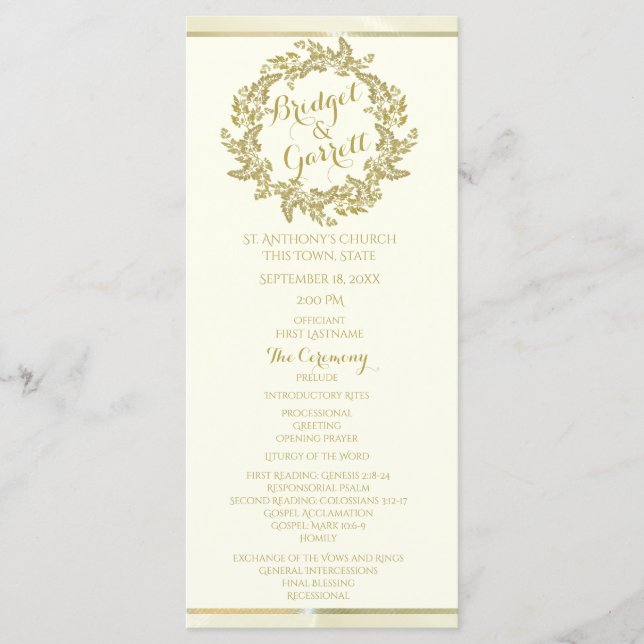 Gold Foliage Wreath Wedding Program Programme (Front)