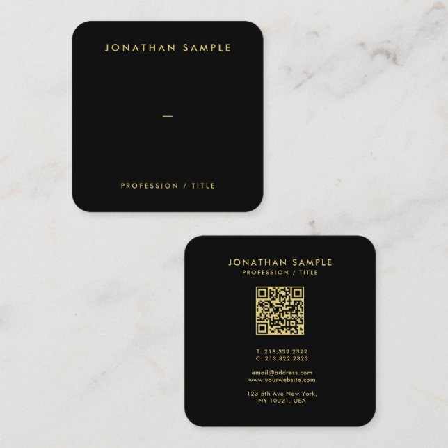 Gold Font QR Code Elegant Black Luxe Premium Silk Square Business Card (Front/Back)