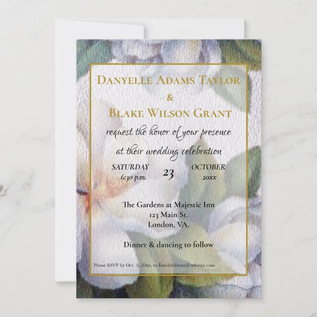 Gold Fonts, Ivory Magnolias Wedding Invitation (Front)