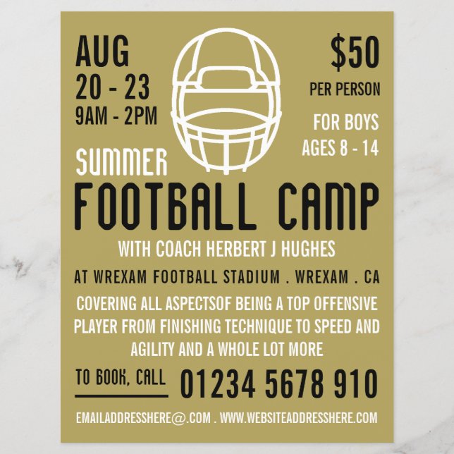 Gold Football Helmet, Football Camp Advertising Flyer (Front)
