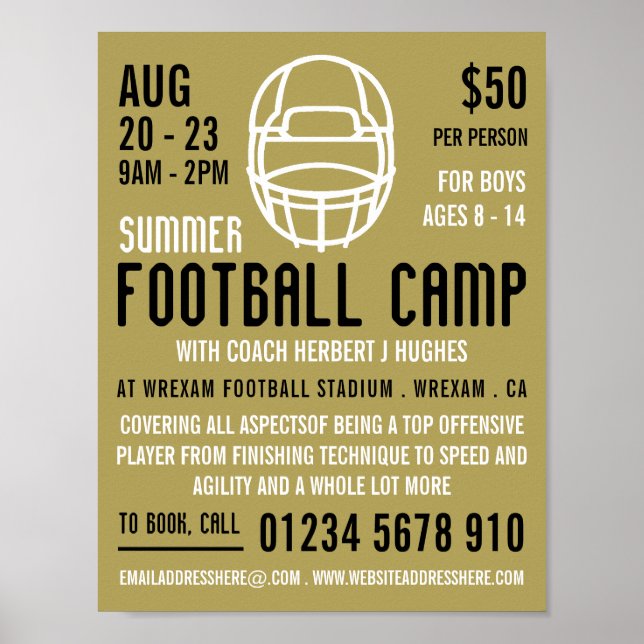 Gold Football Helmet, Football Camp Advertising Poster (Front)