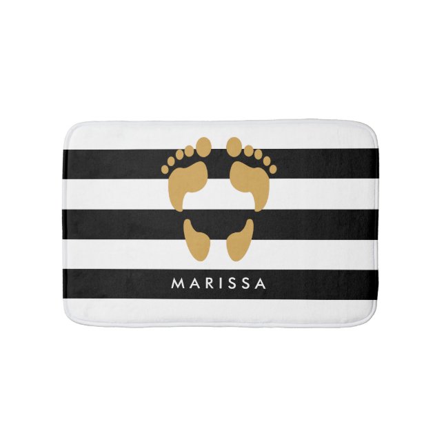 Gold Footprints With Name Black and White Stripes Bath Mat (Front)