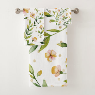 Gold forest green mustard yellow floral polka dots bath towel set