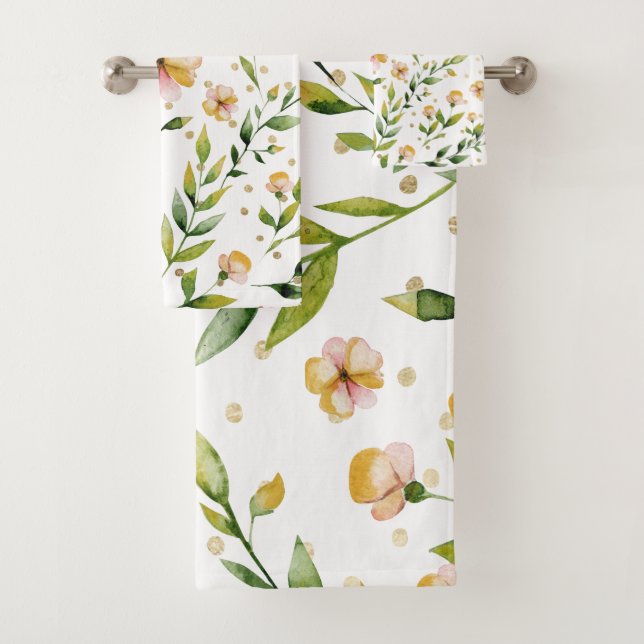 Gold forest green mustard yellow floral polka dots bath towel set (Insitu)