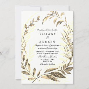 Gold Forest Leaf Wreath Elegant Wedding Invitation