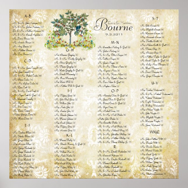 Gold Forest Tree Blue Love Bird Seating Chart (Front)