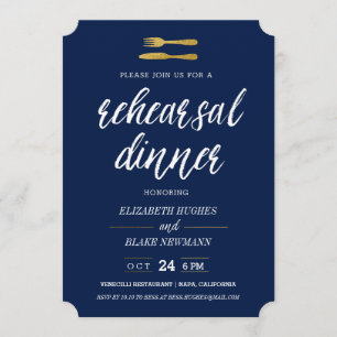 Gold Fork & Knife Rehearsal Dinner Invite - Navy