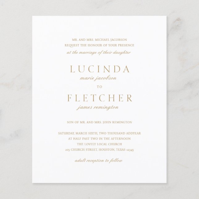 Gold Formal QR Code Budget Wedding Invitation (Front)