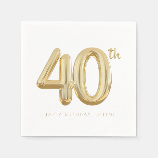 Gold Forty 40th Birthday Balloon Party Napkin (Front)