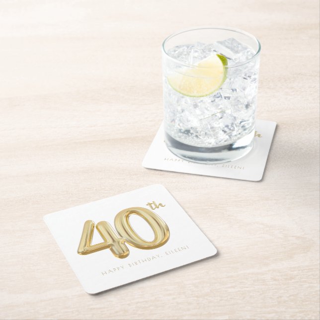 Gold Forty 40th Birthday Balloon Party Square Paper Coaster (Insitu)