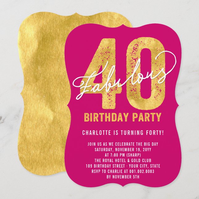 Gold Forty and Fabulous 40th Birthday Party Invite (Front/Back)