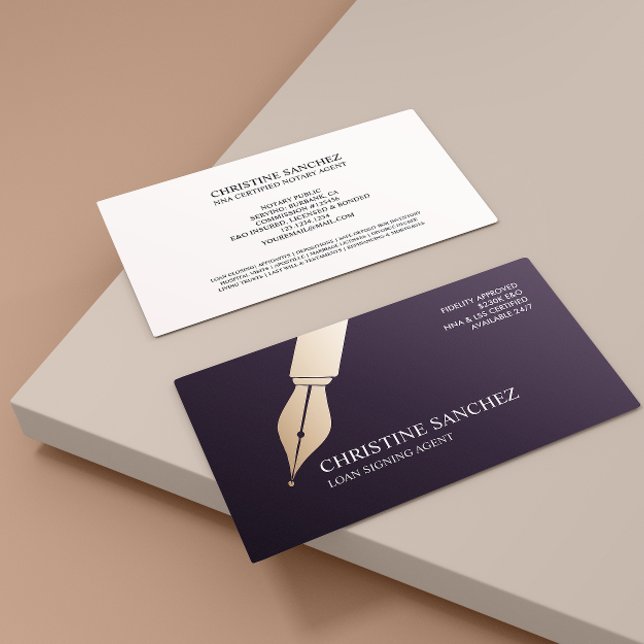 GOLD FOUNTAIN PEN PUBLIC NOTARY SINGNING AGENT BUSINESS CARD (Fountain pen themed business card for notary agent public notary attorney )