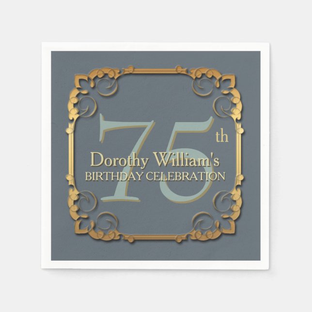 Gold Frame 75th Birthday Celebration Paper napkins (Front)