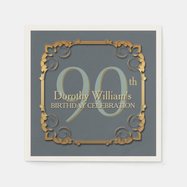 Gold Frame 90th Birthday Celebration Paper napkins (Front)