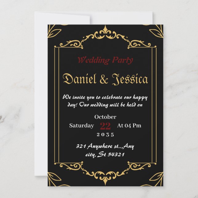 gold frame a black  Vintage Wedding  Party Invitation (Front)