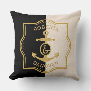 Gold Frame & Anchor On Black & Beige background Cushion