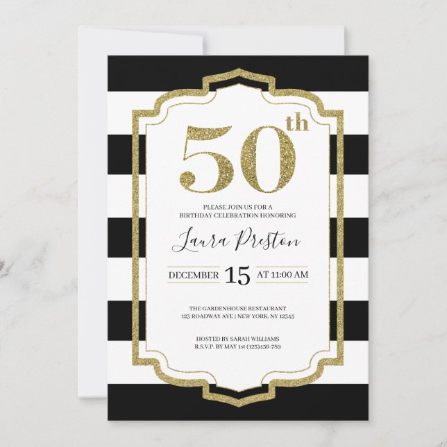 Gold Frame and Black Stripes Glitter 50th Birthday Invitation (Front)