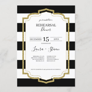 Gold Frame and Black Stripes Rehearsal Dinner Invitation