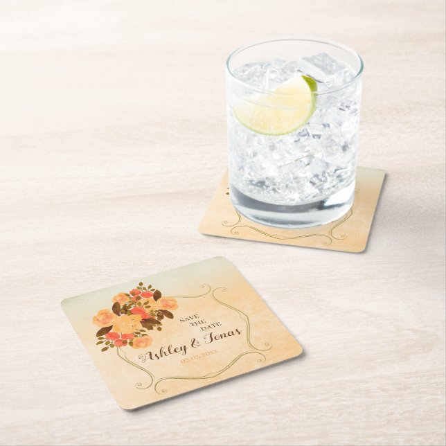 Gold Frame And Flowers Square Paper Coaster (Insitu)