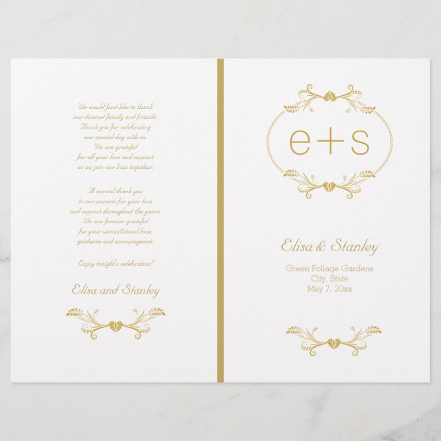 Gold frame and initials folded wedding program (Front)