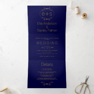 Gold frame and initials monogram navy blue wedding Tri-Fold invitation
