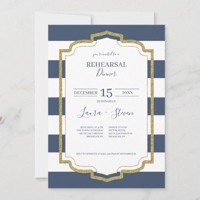 Gold Frame and Navy Stripes Rehearsal Dinner Invitation (Front)