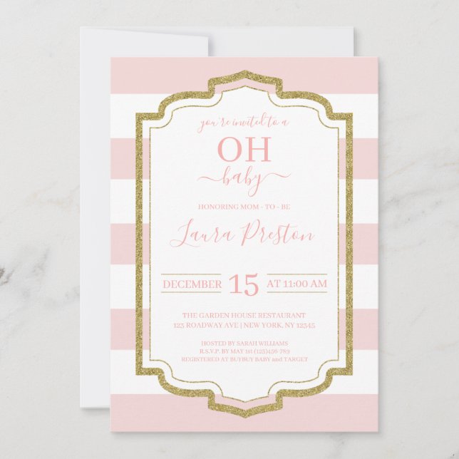 Gold Frame and Pink Stripes OH Baby Shower Invitation (Front)