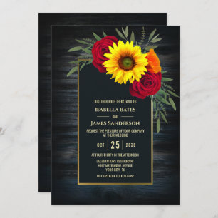 Gold Frame Barnwood Sunflower Wedding Invitation