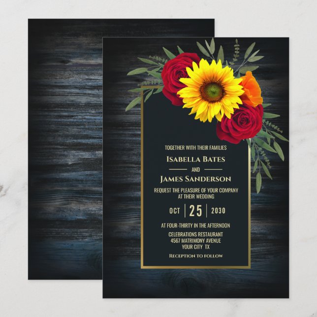 Gold Frame Barnwood Sunflower Wedding Invitation (Front/Back)