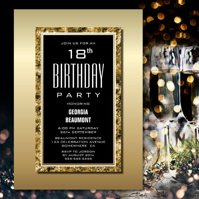 Gold Frame Black 18th Birthday Party Invitation (Creator Uploaded)