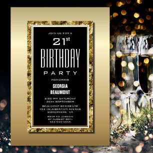 Gold Frame Black 21st Birthday Party Invitation