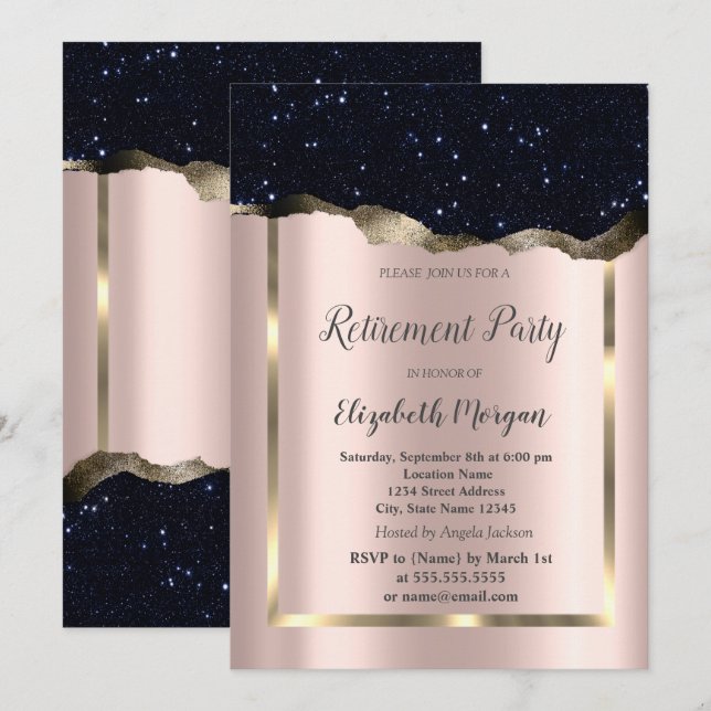  Gold Frame,Black Glitter Rose Gold Retirement Invitation (Front/Back)