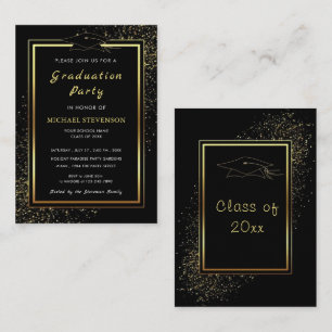 Gold Frame Black Graduation Party Cap Invitation