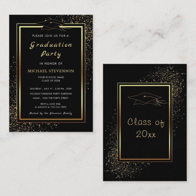 Gold Frame Black Graduation Party Cap Invitation (Front/Back)