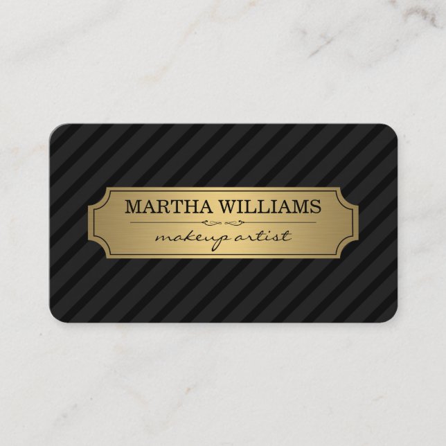 Gold Frame Black Stripes on Black Business Card (Front)