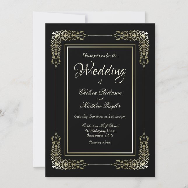 Gold Frame Black Wedding Invitation (Front)