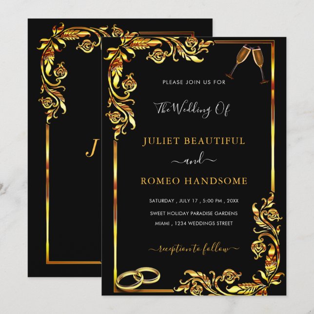 Gold Frame Black Wedding Invitation - Your Colours (Front/Back)