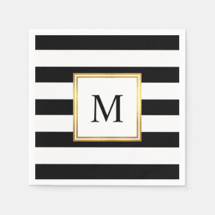 Gold Frame Black White Stripes Monogram Wedding Napkin