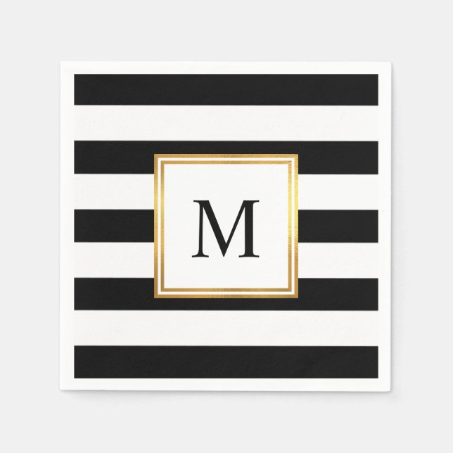 Gold Frame Black White Stripes Monogram Wedding Napkin (Front)