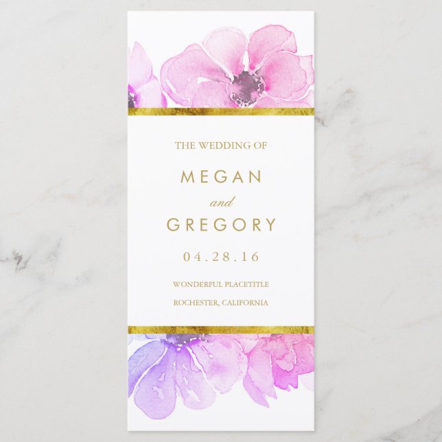 Gold Frame Blue and Purple Floral Wedding Programs Programme (Front)