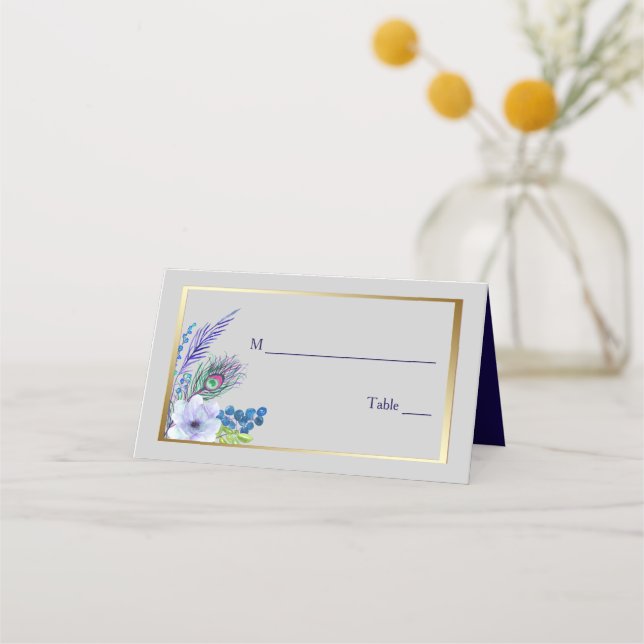 Gold Frame Blue Boho Floral Wedding Place Card (Front)