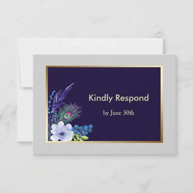 Gold Frame Blue Boho Floral Wedding RSVP Card (Front)