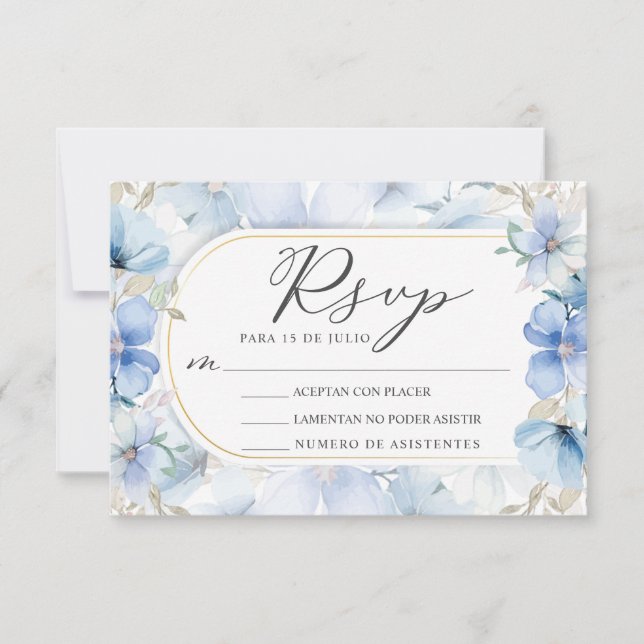 Gold Frame Blue Floral Garden Nuestra Boda RSVP Invitation (Front)
