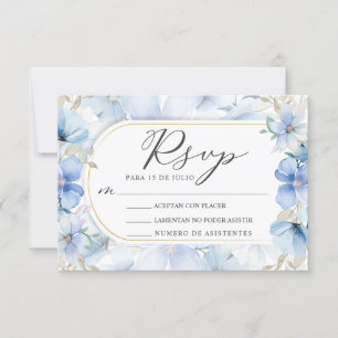 Gold Frame Blue Floral Garden Nuestra Boda RSVP Invitation