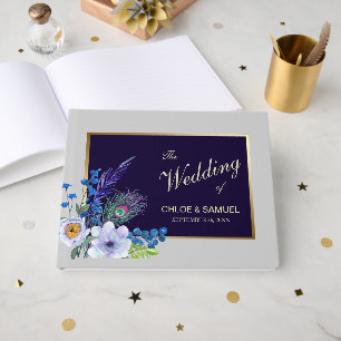 Gold Frame Blue Floral Wedding Guest Book